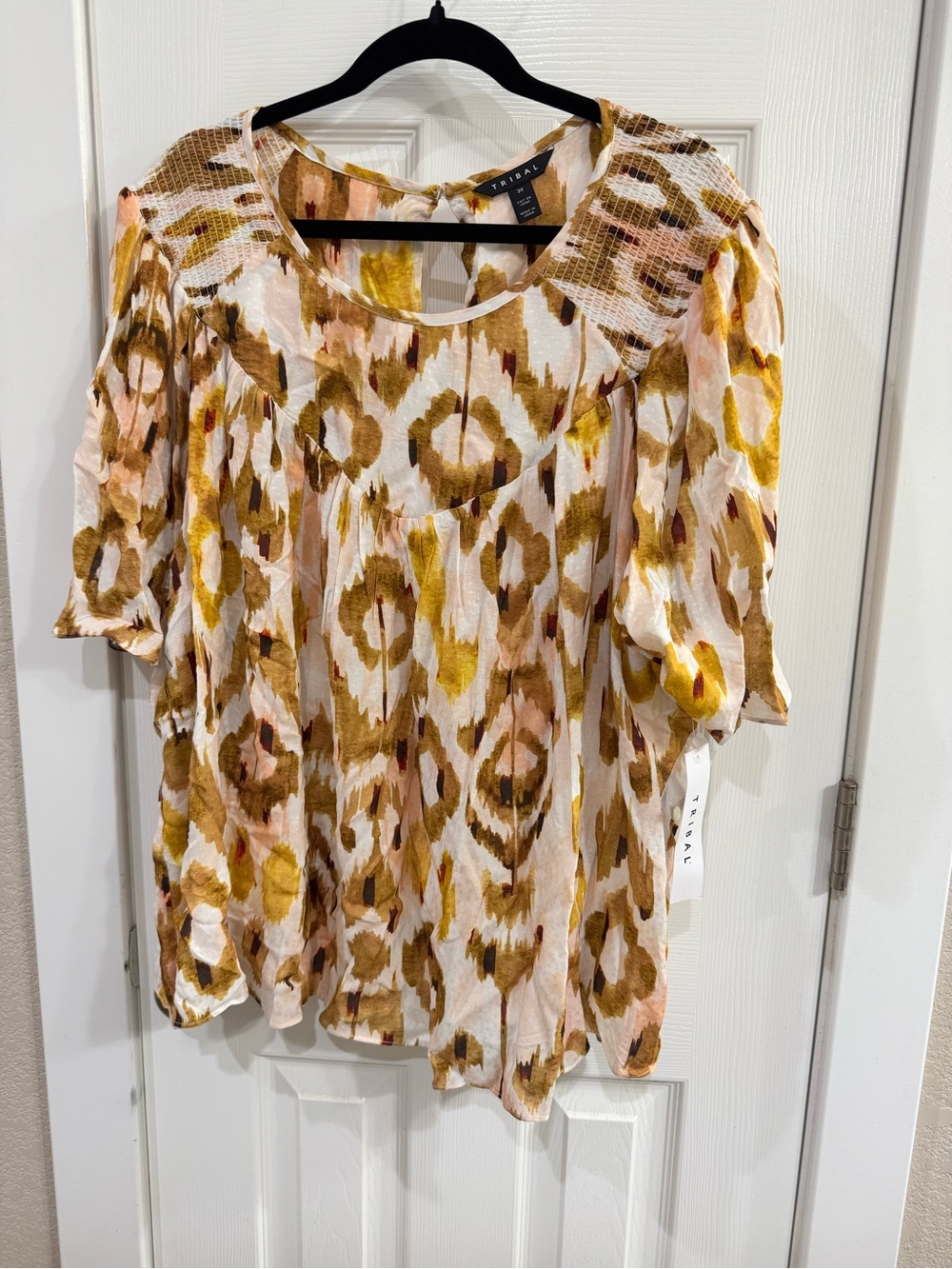 Tribal Multicolor Ikat Peasant Blouse - Mustard, Pink & Brown